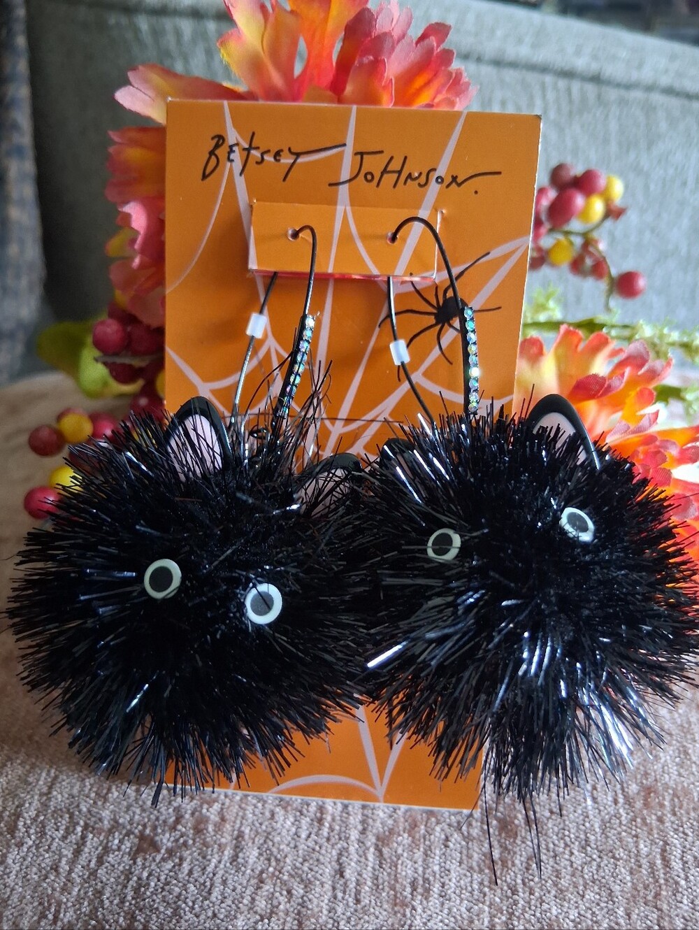 Betsey Johnson Fuzzy Black Cat Earrings